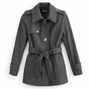 Express Charcoal Wool Blend Belted Military Peacoat Short Trench NWOT
